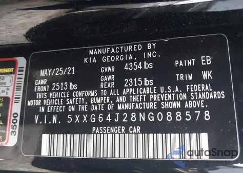 2022 Kia K5 Gt-Line из США, поврежденный, VIN 5XXG64J28NG088578